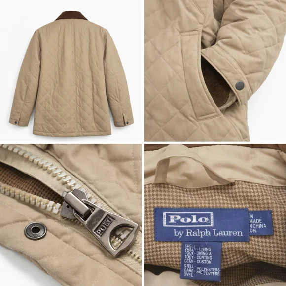 POLO Ralph Lauren Quilted Jacket Corduroy Collar Car Chore Barn Coat Tan Large - Picture 3 of 9